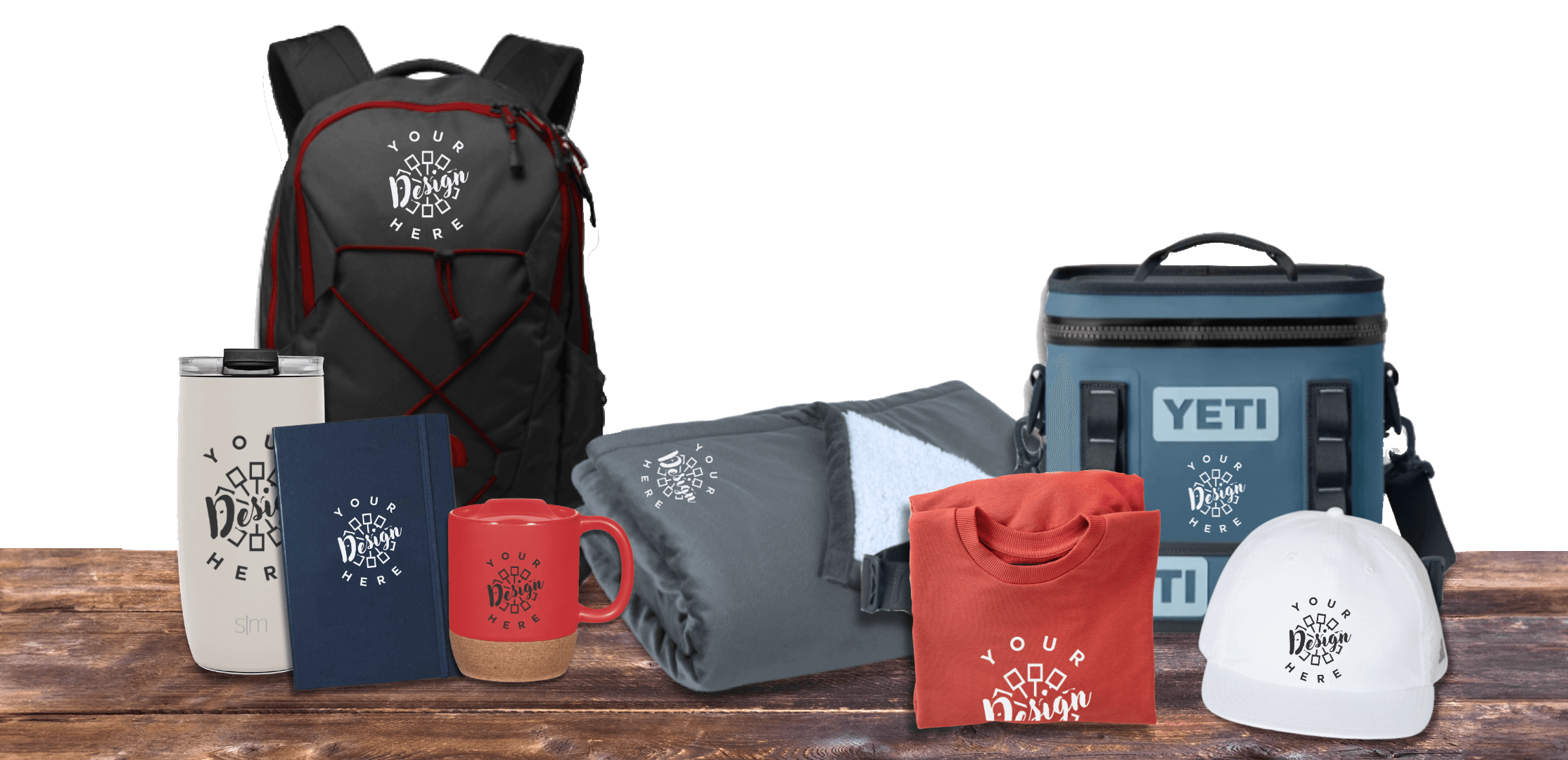 a table of high quality custom swag items