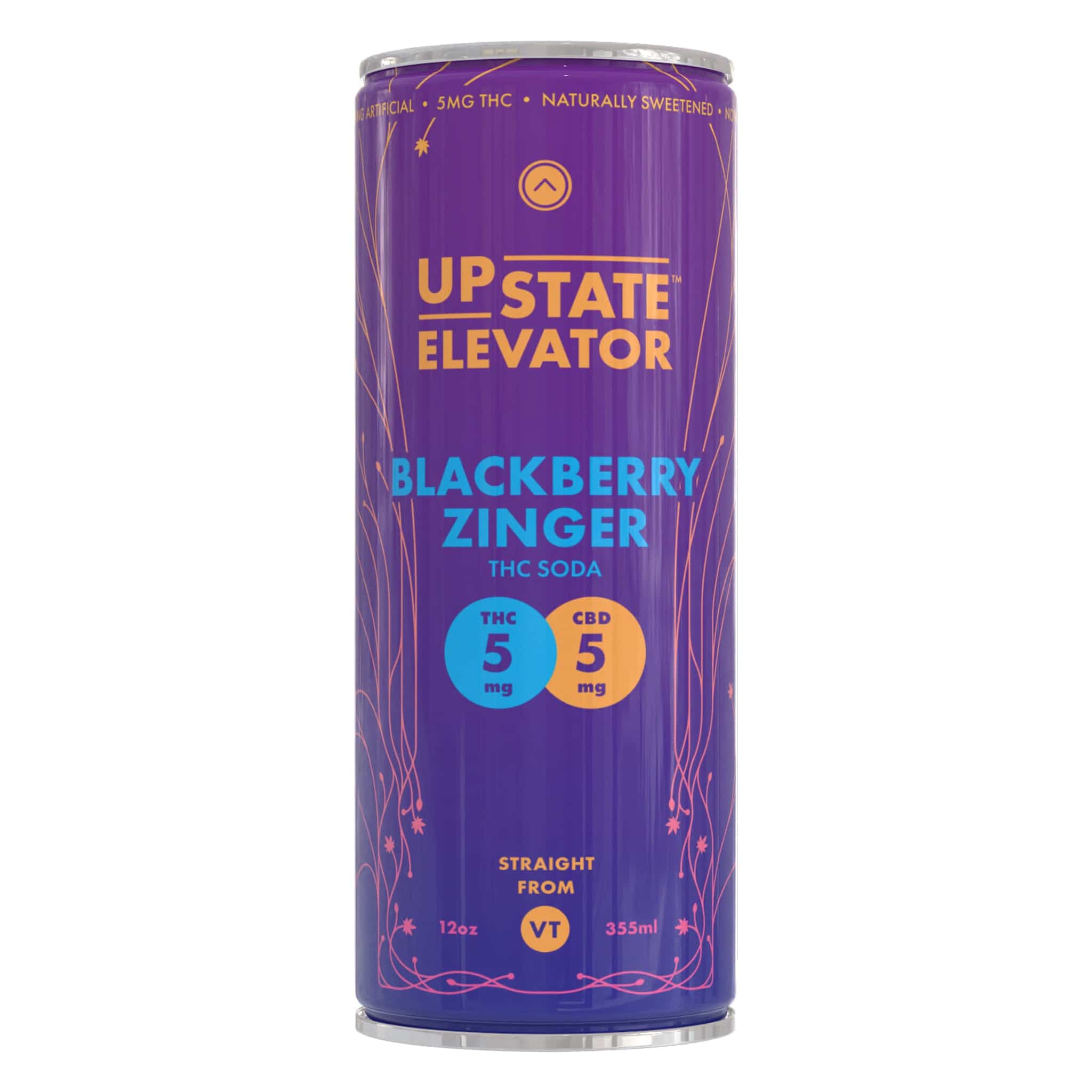 Upstate Elevator Blackberry Zinger THC Soda can, 5mg THC and 5mg CBD