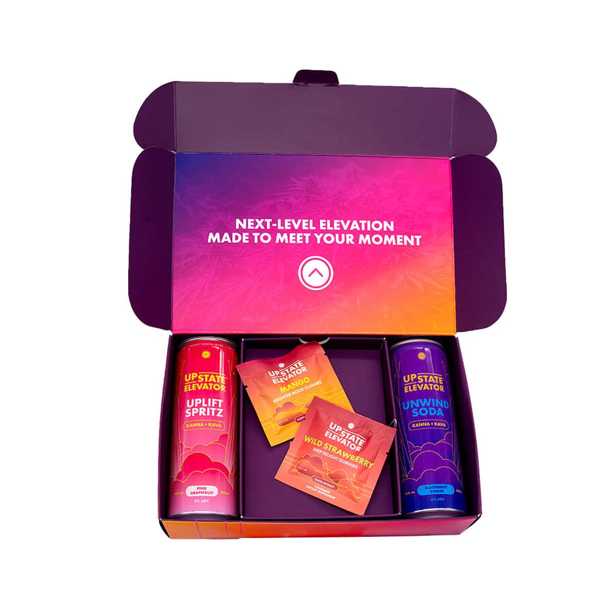 An open Upstate Elevator Kanna & Kava Sample Pack gift box holding a Pink Grapefruit Uplift Spritz can, a Blackberry Zinger Unwind Soda can and two gummy sachets.