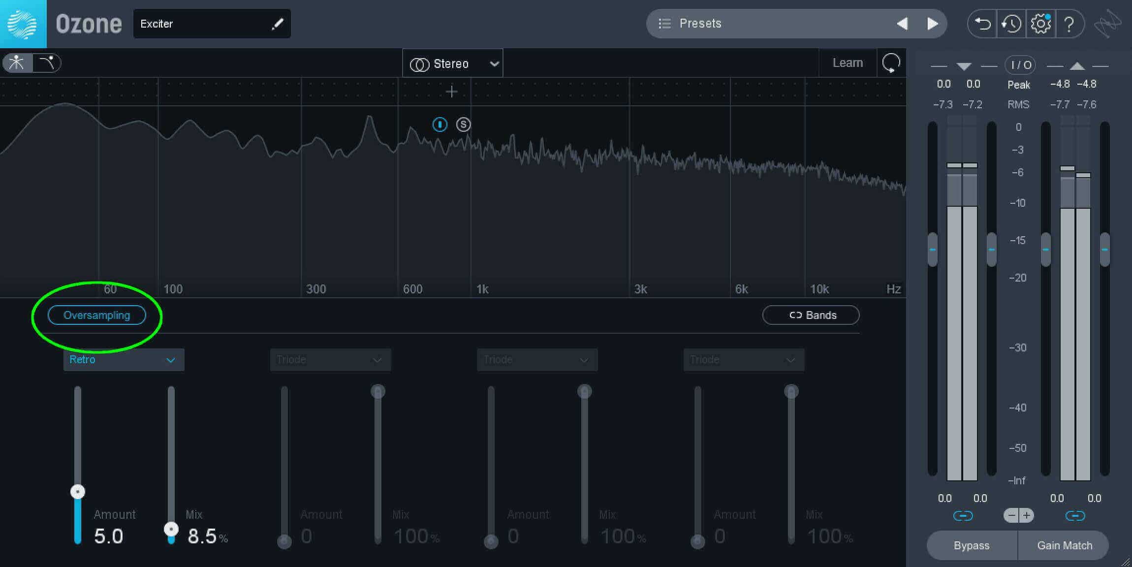 Enabling Oversampling in your Exciter module allots more processing power towards increasing the sampling rate used by Ozone to generate these harmonics, therefore reducing the effects of aliasing