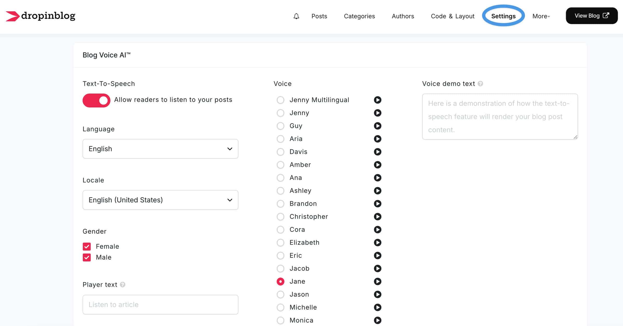 DropInBlog's text-to-speech feature: Settings