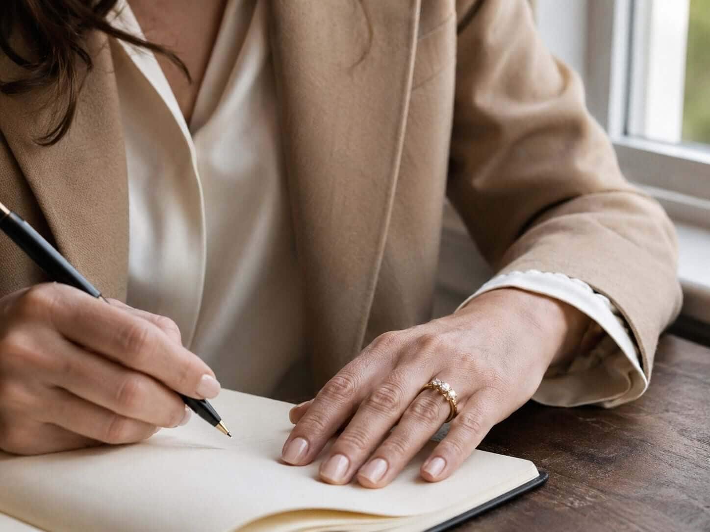 Woman wearing a three-stone natural diamond ring while writing in a notebook