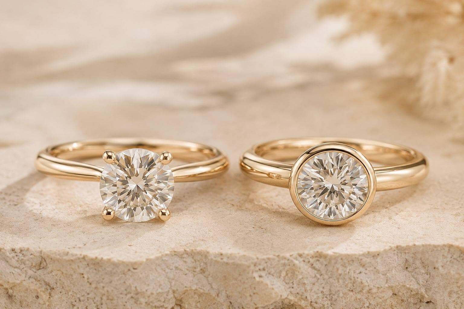 A claw-set diamond ring beside a bezel-set diamond ring on a warm neutral stone surface
