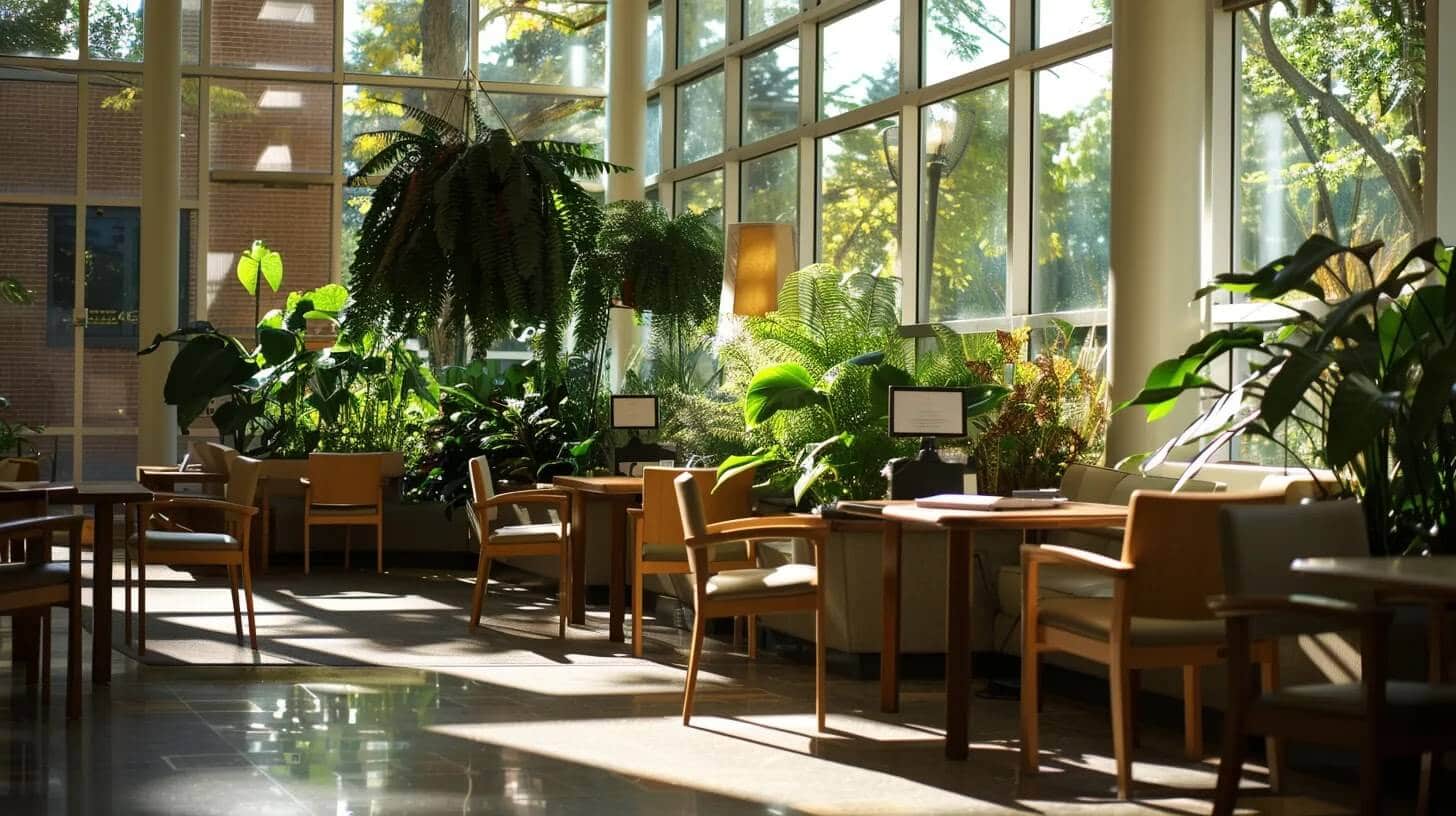 a serene study space bathed in soft, natural light, adorned with lush plants and cozy furnishings, reflects a harmonious atmosphere that encourages relaxation and focus for college students.