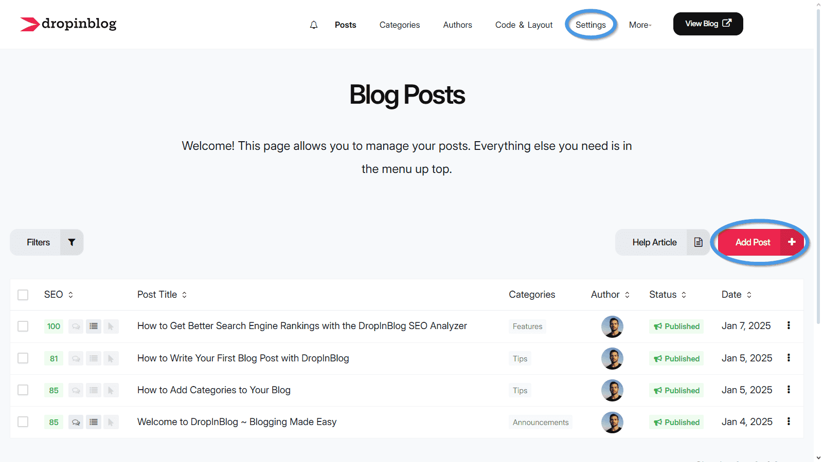 DropInBlog admin: Posts