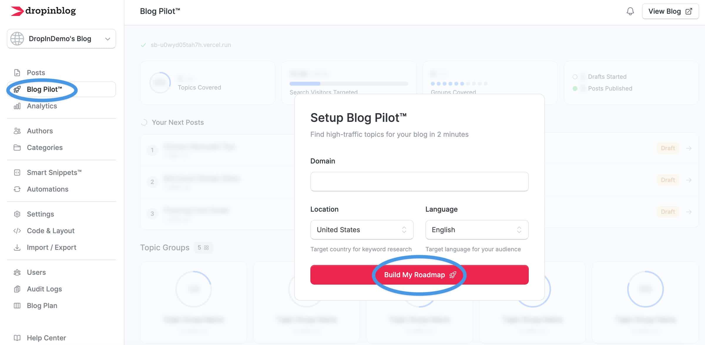 Blog Pilot™: Start screen