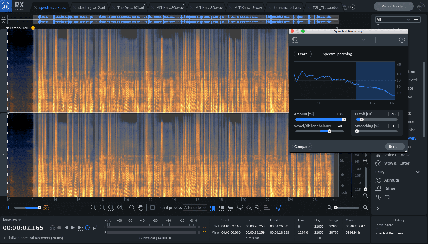 Voice De-noise kicks in halfway through the file shown above. The playback head marks the start of processing.