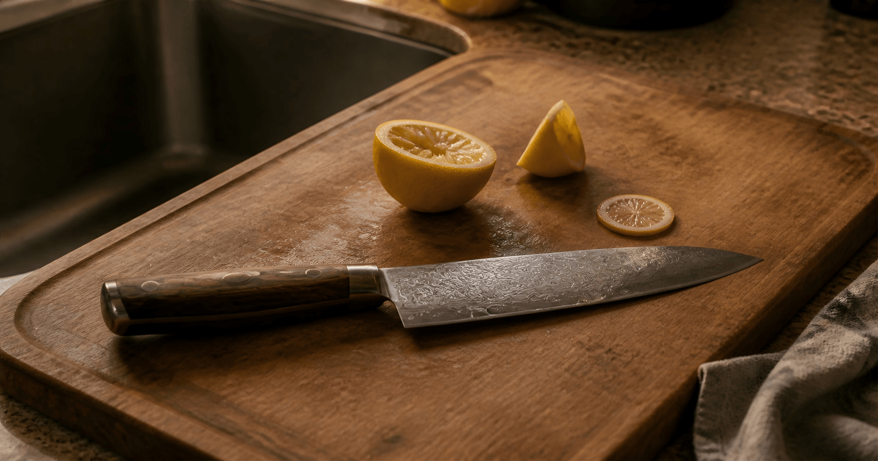 Moisture and acidic food residue on a Damascus knife blade