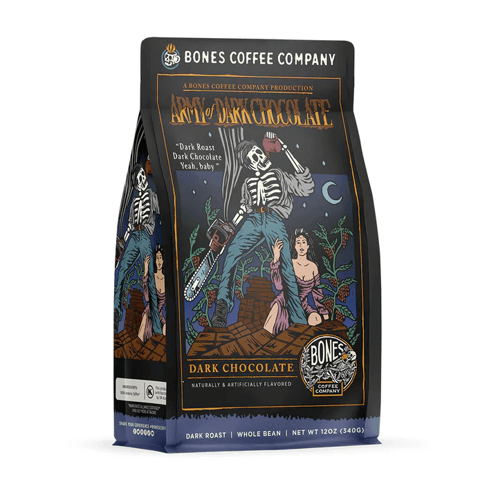 Bones Coffee Company dark chocolate coffee bag with skeleton illustration and chainsaw.
