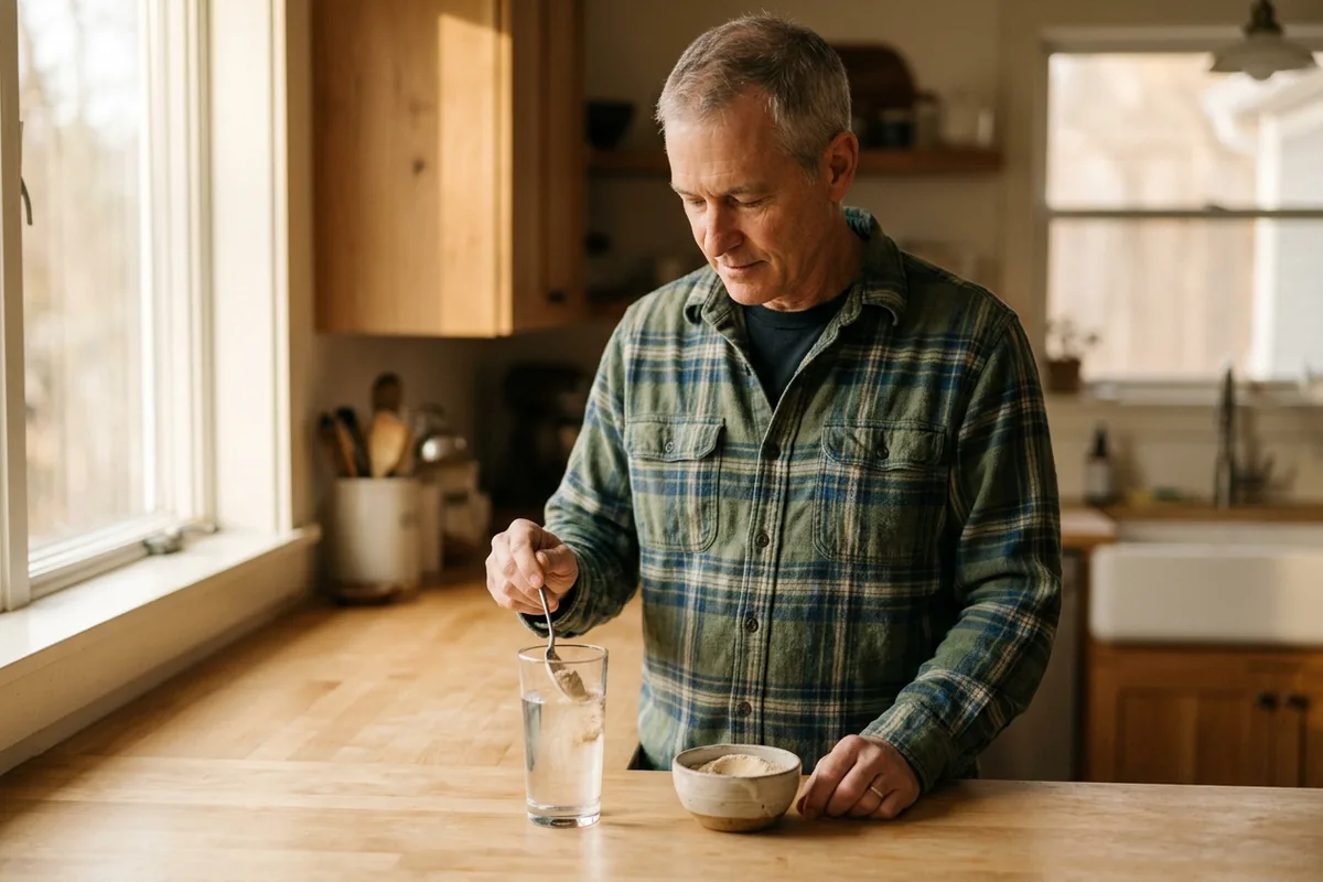 Man in his late fifties stirring a spoonful of fiber powder into a glass of water at his kitchen counter