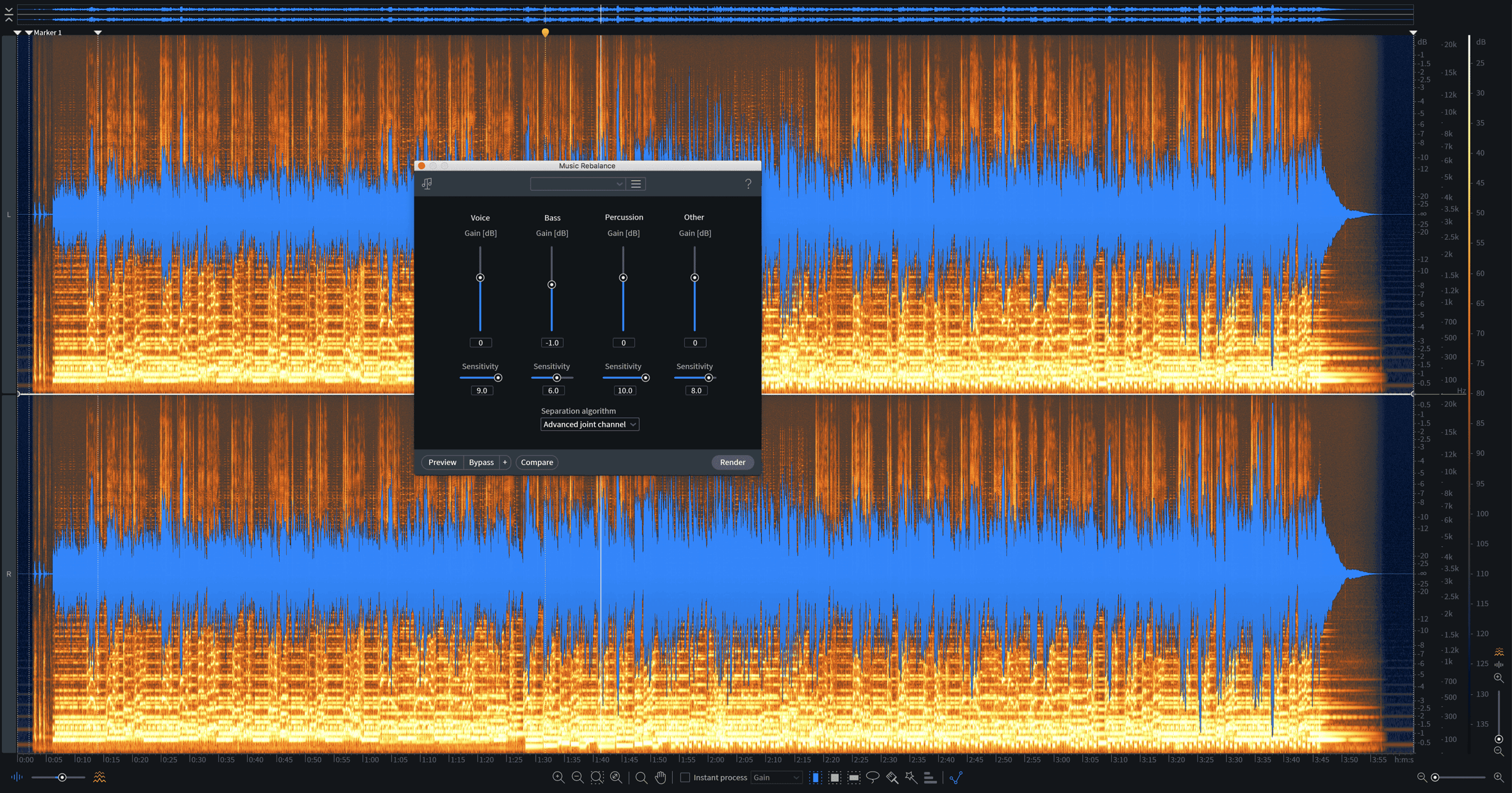 Lowering a loud mix element with Music Rebalance