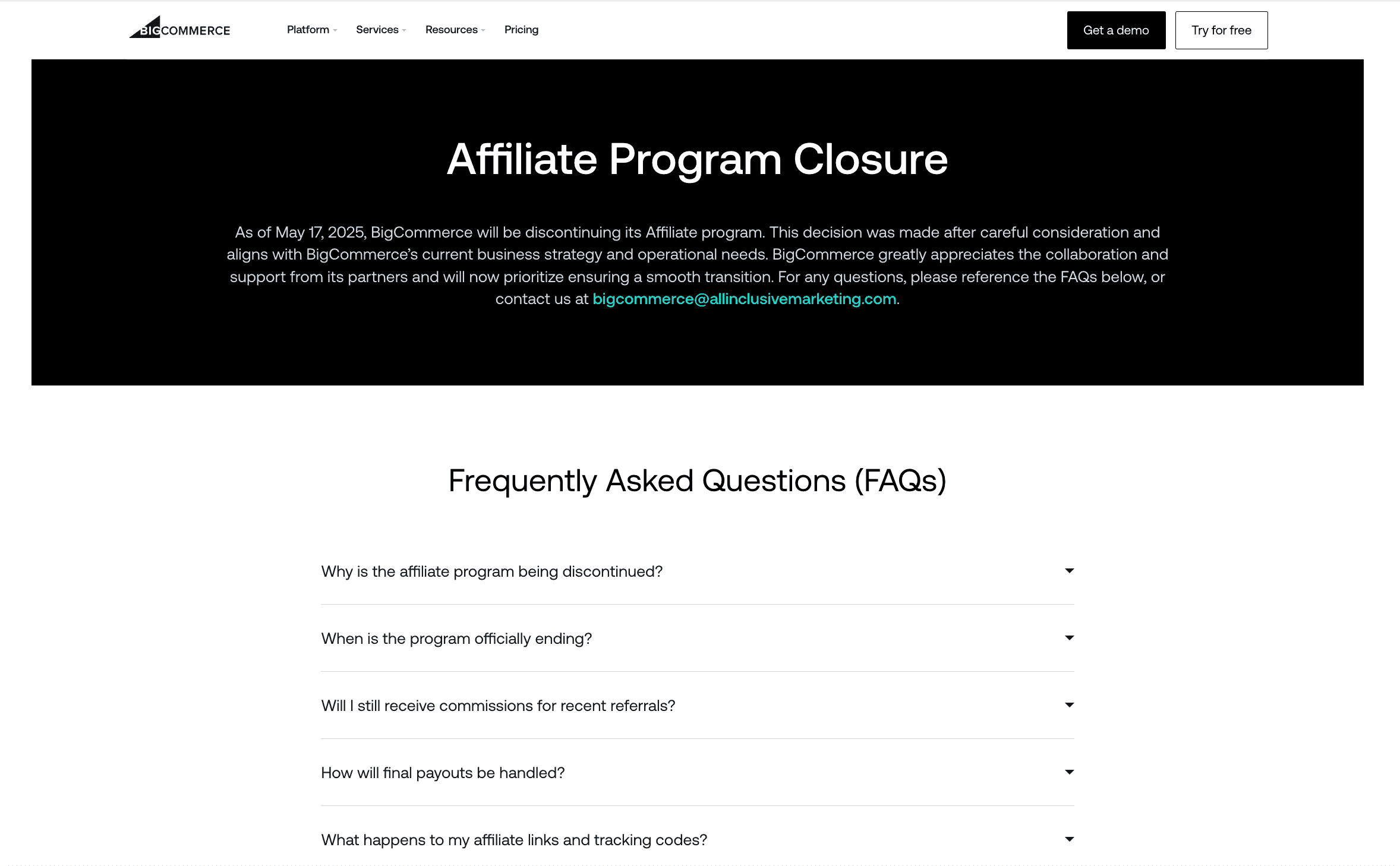 BigCommerce Affiliate Program Closure page announcing the program ended on May 17, 2025