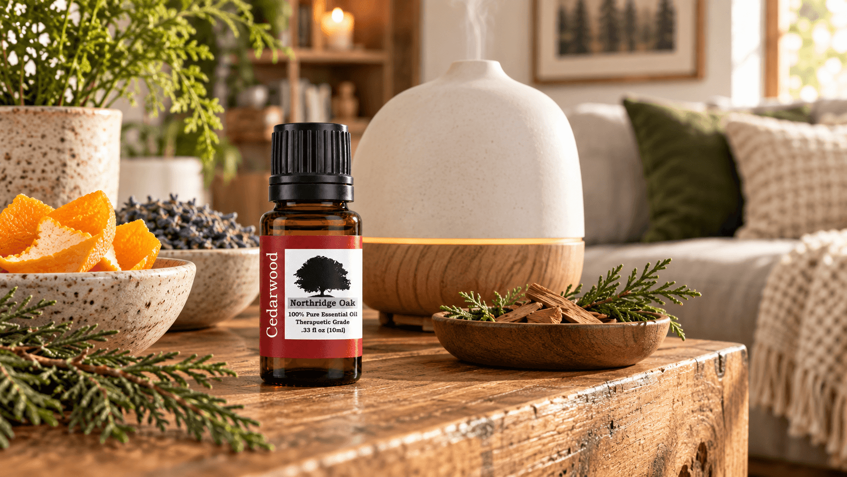 Cedarwood essential oil with a ceramic diffuser, citrus peel, lavender and evergreen sprigs
