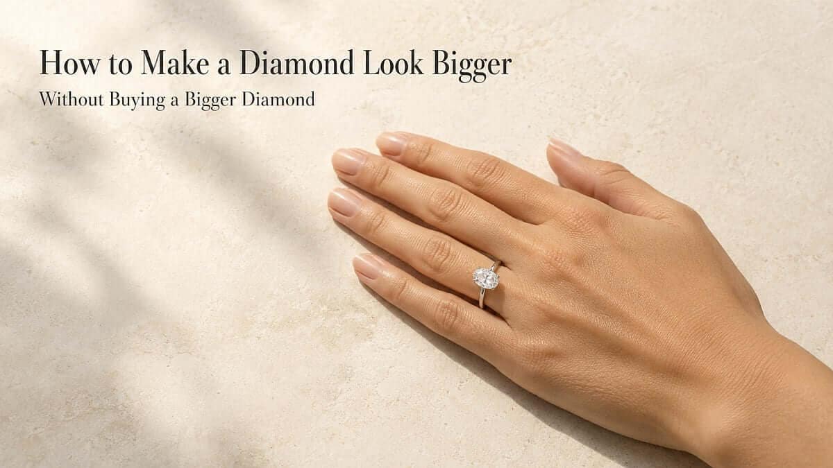 Oval lab-grown diamond solitaire on a fine white-metal band, illustrating how shape and proportion influence visual size.