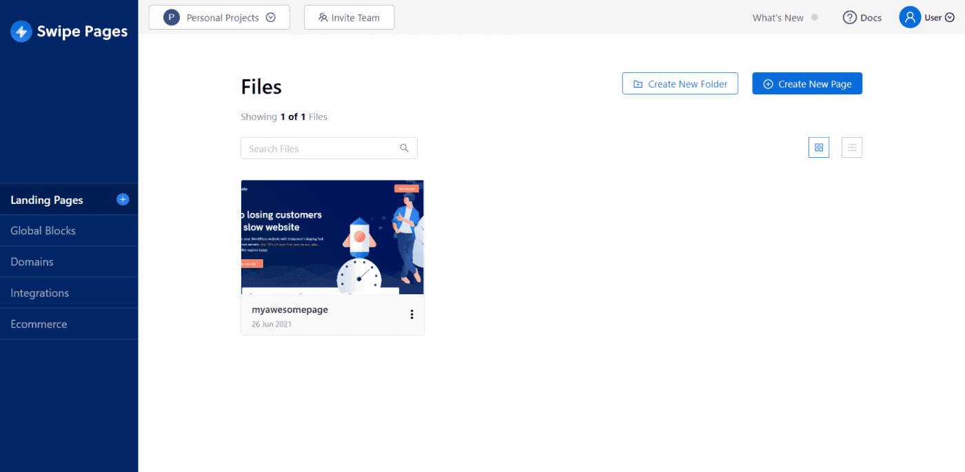 Swipe Pages dashboard