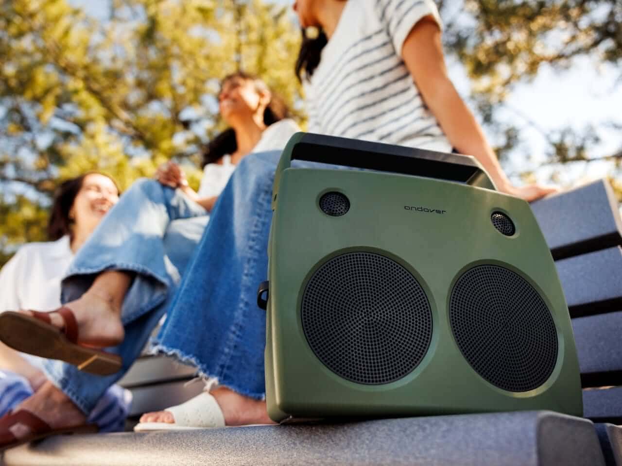 Ivory Andover FreePlay speaker resting on a tabletop