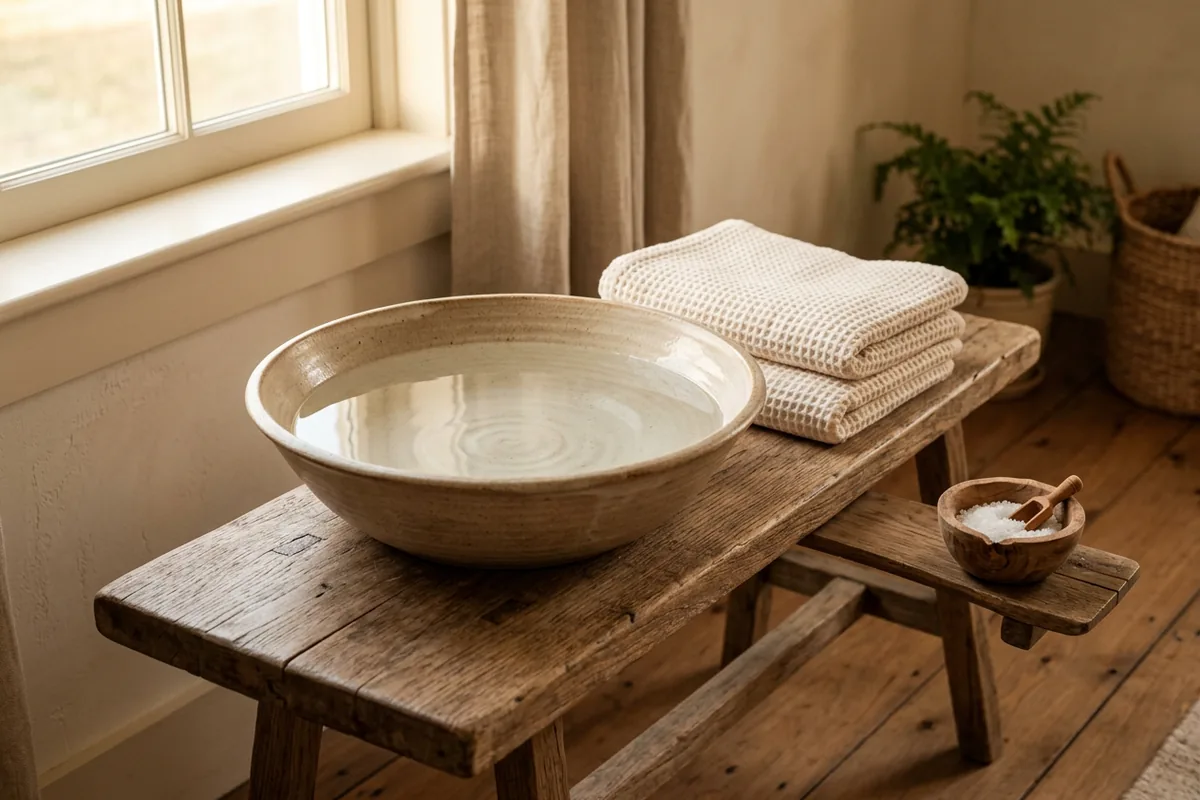 Shallow ceramic basin of warm water beside folded cream towels for a sitz bath