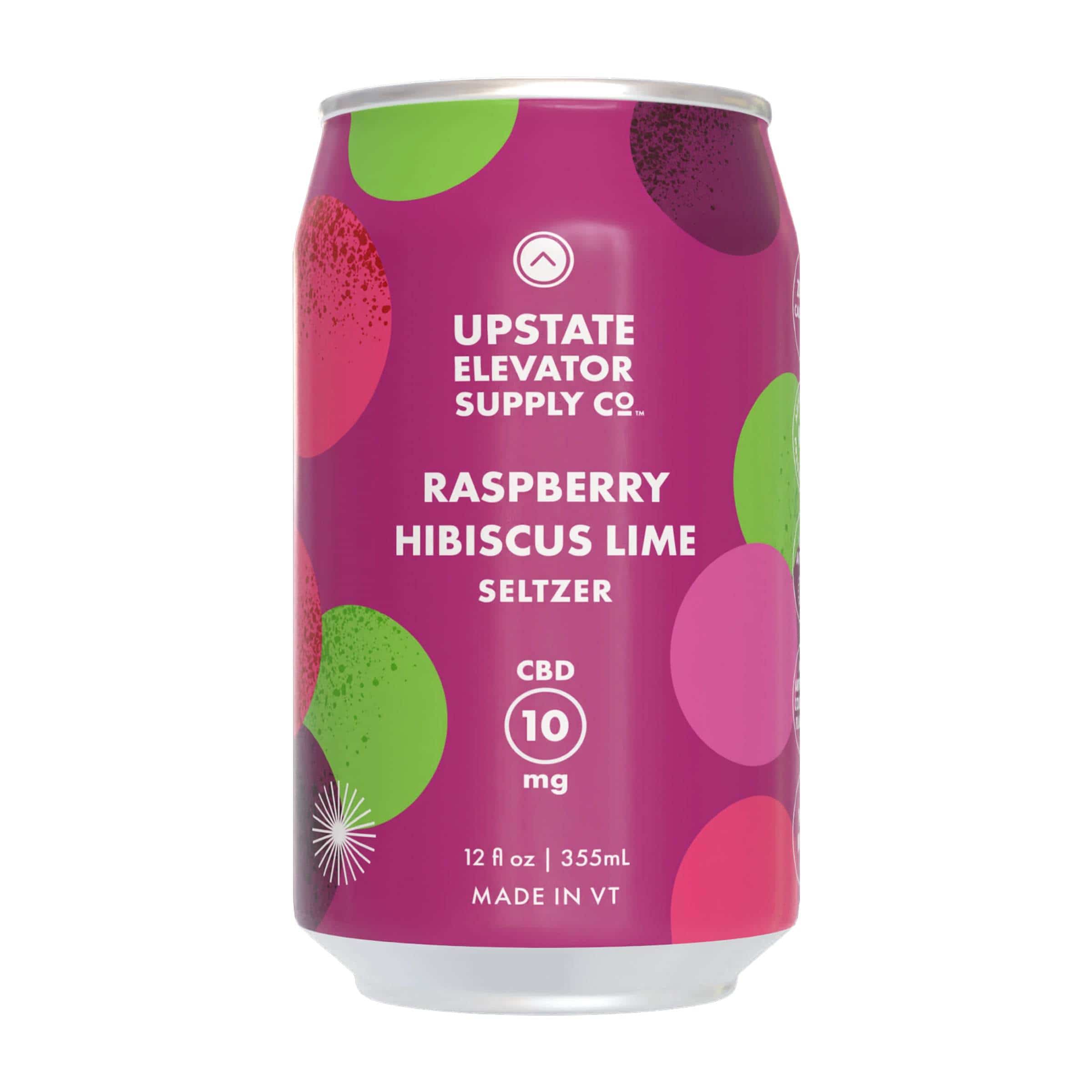 Upstate Elevator Raspberry Hibiscus Lime CBD seltzer can with a colorful dot design