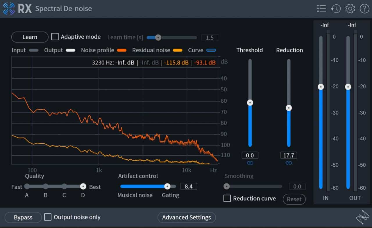 Settings in RX Spectral De-noise tweaked after learning the noise profile of the room