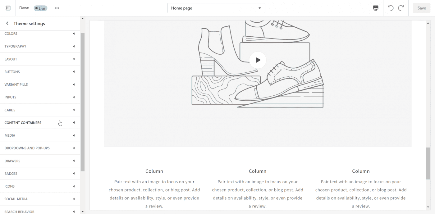 Shopify store builder editor theme settings