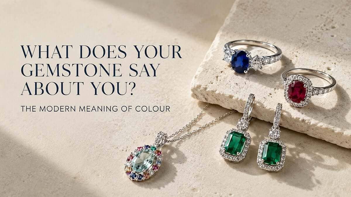 Gemstone meanings: Sapphire, ruby, emerald and aquamarine jewellery with natural diamonds arranged in a refined editorial still life.