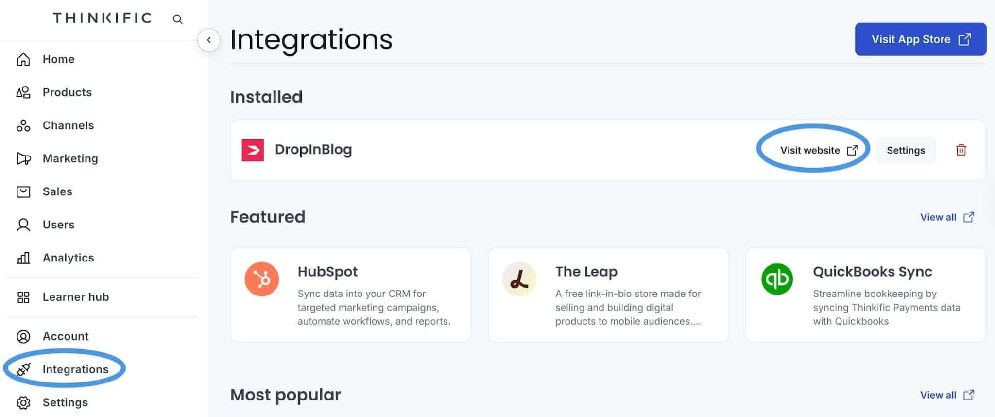 Accessing your DropInBlog account from your Thinkific dashboard