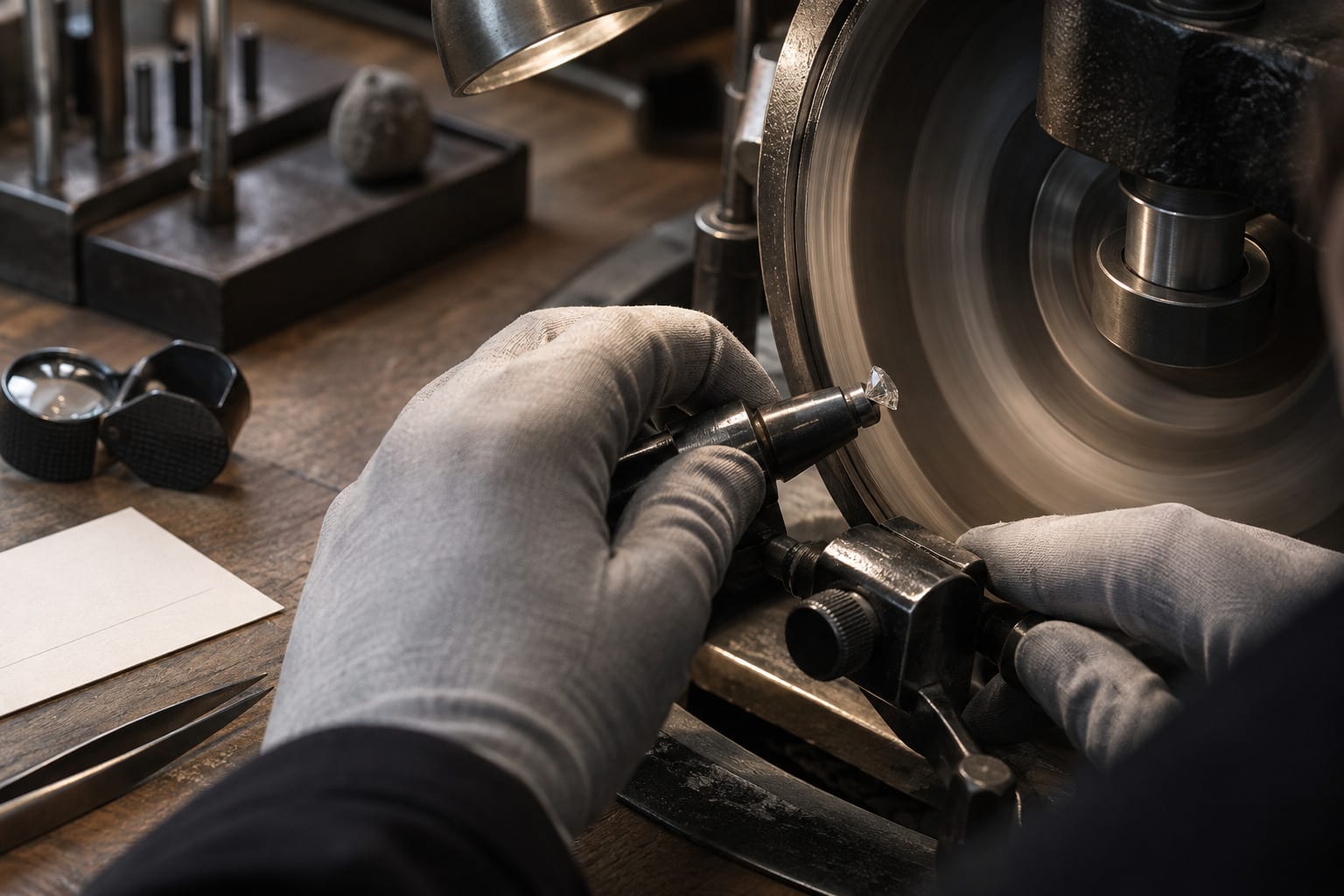 Diamond cutter holding a small lab-grown diamond at a polishing wheel