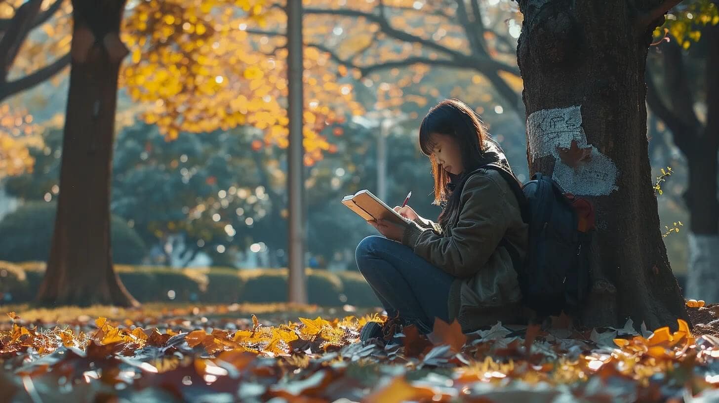 a serene college student sits under a lush tree, journaling thoughtfully while surrounded by vibrant autumn leaves, symbolizing the journey of self-monitoring mental health and adapting resources for emotional well-being.