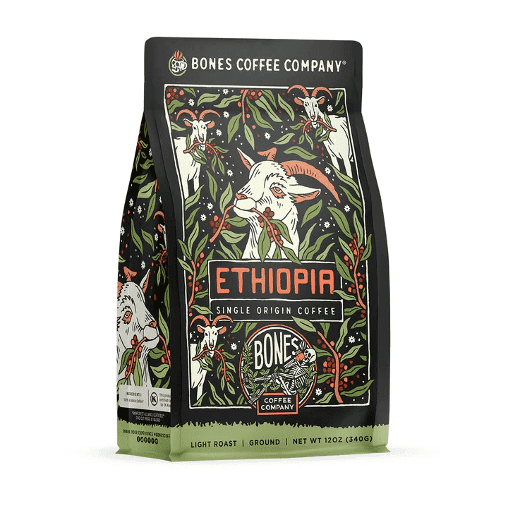 Bones Coffee Company Ethiopia single origin coffee bag with goat illustration