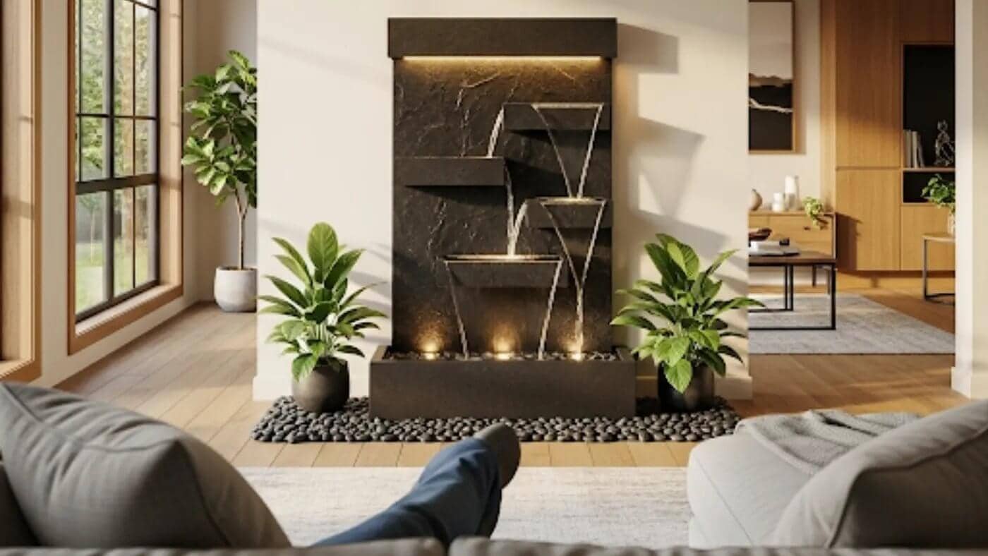 A modern indoor wall fountain is the centerpiece of a living room, positioned for a perfect view from the sofa. The fountain has multiple tiers with water cascading over a textured black surface, illuminated by warm lights.