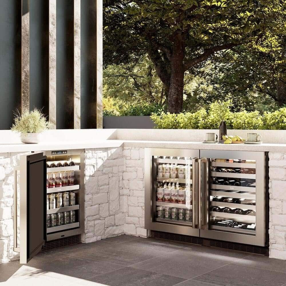 Touchstone wine coolers and beverage fridges in an outdoor patio.