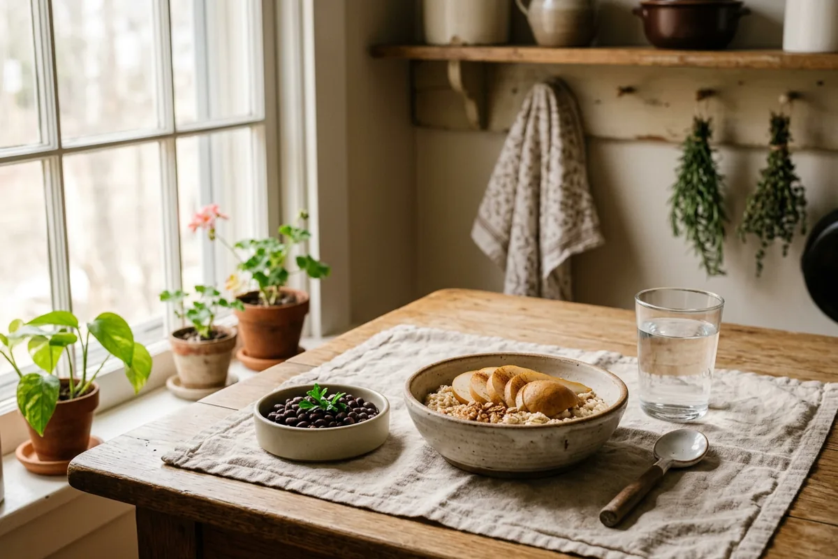 Bowl of oatmeal with sliced pears, a dish of beans and a tall glass of water on a wooden table