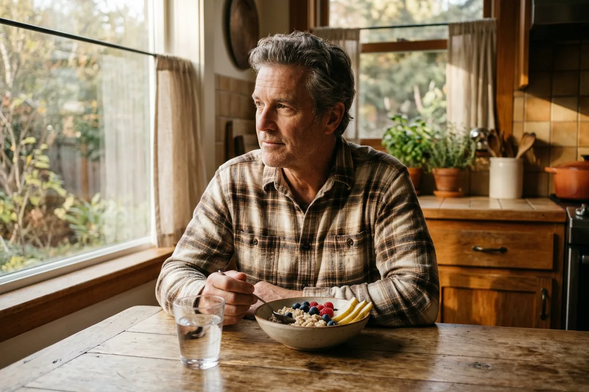 Man in his late fifties eating oatmeal with fruit and a glass of water at his kitchen table