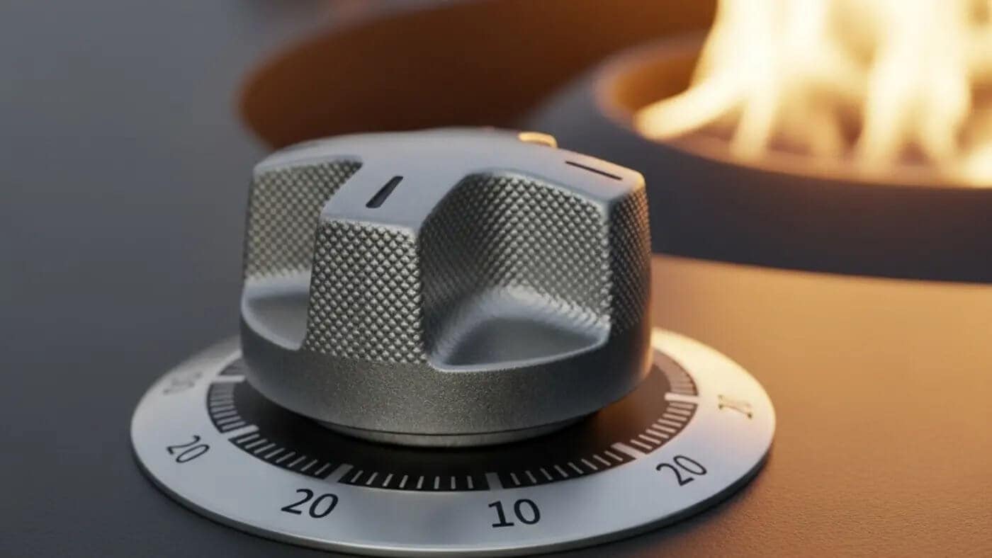 A close-up view of a textured, silver-colored control knob on a dark surface, with numerical markings around its base, and blurred flames from a fire pit visible in the background.