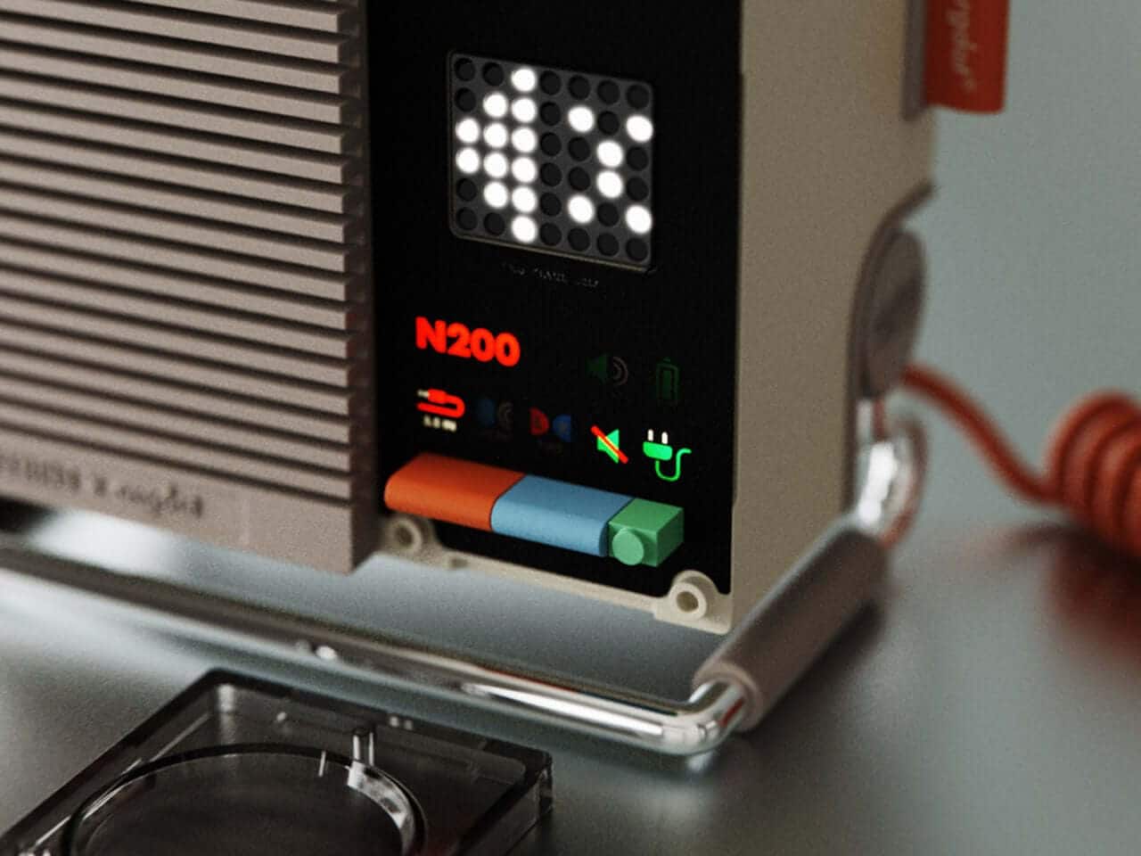 Another angle highlighting the bright orange interactive dial
