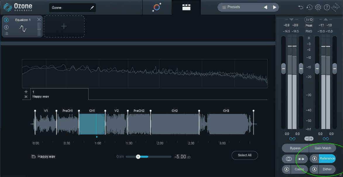 Reference panel where Ozone provides a variety of ways to effectively use track referencing with your EQ
