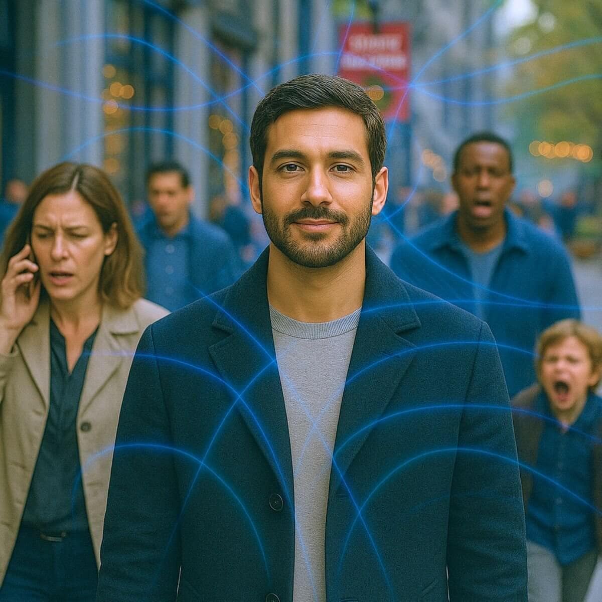 A calm man wearing a black coat stands on a busy city sidewalk during holiday chaos. Around him, people rush, argue, and talk on phones, while subtle blue light frequencies radiate gently from his presence.