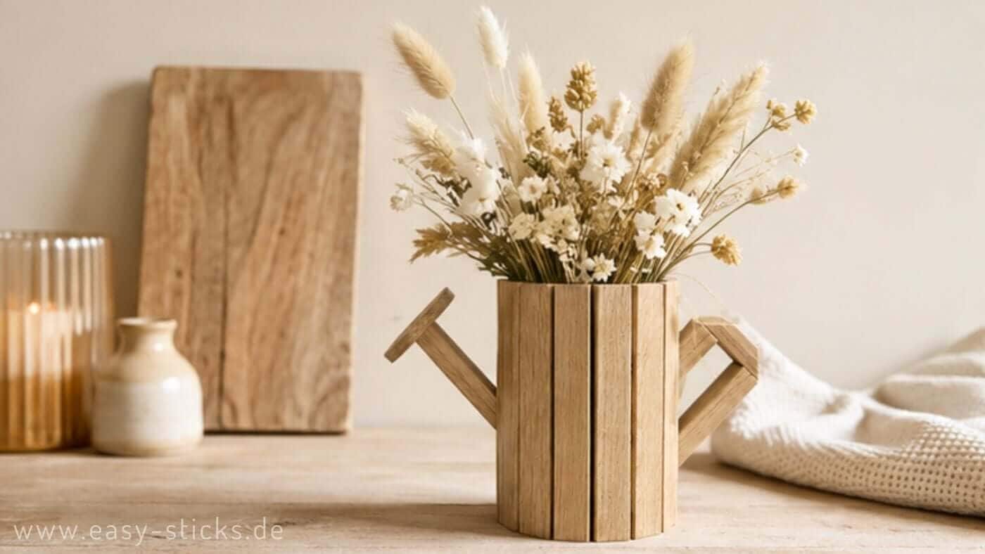Eine Gießkanne aus Holz basteln: Mit Easy-Sticks und einer Konservendose entsteht eine dekorative Blumenvase. Mit Anleitung, Maßen und Tipps.