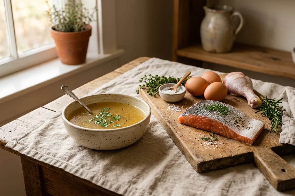 Bone broth, salmon with skin, eggs and chicken on a wooden table, common food sources of collagen