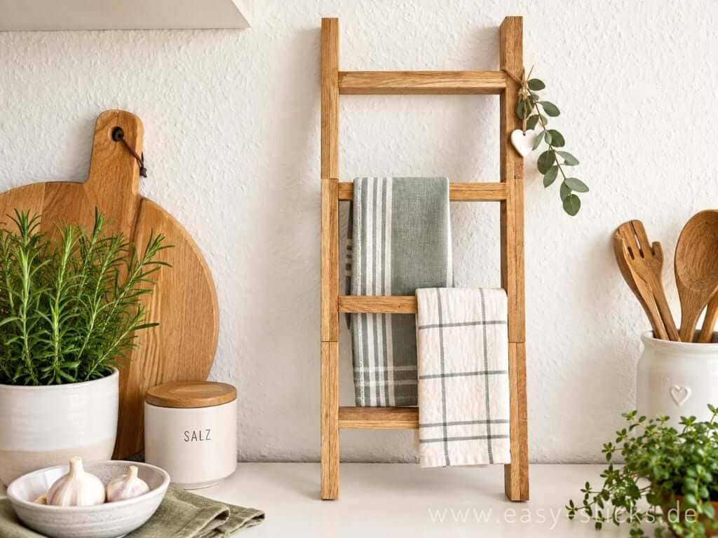Holzleiter in der Küche als praktischer Ordnungshelfer