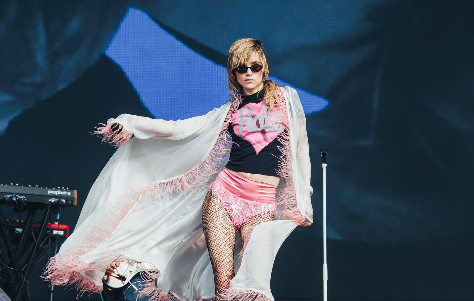 Suki Waterhouse performing at Reading Festival 2025, main stage