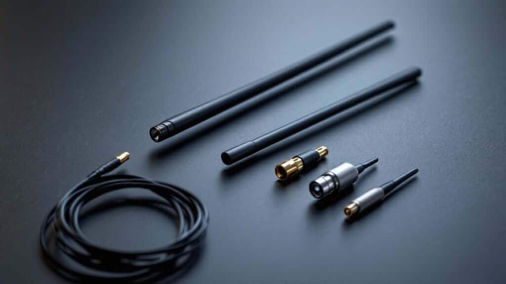 2.4 GHz WiFi antennas on a workbench: omnidirectional dipole with RP-SMA connector, flat panel antenna, small Yagi, and coiled low-loss coax cable
