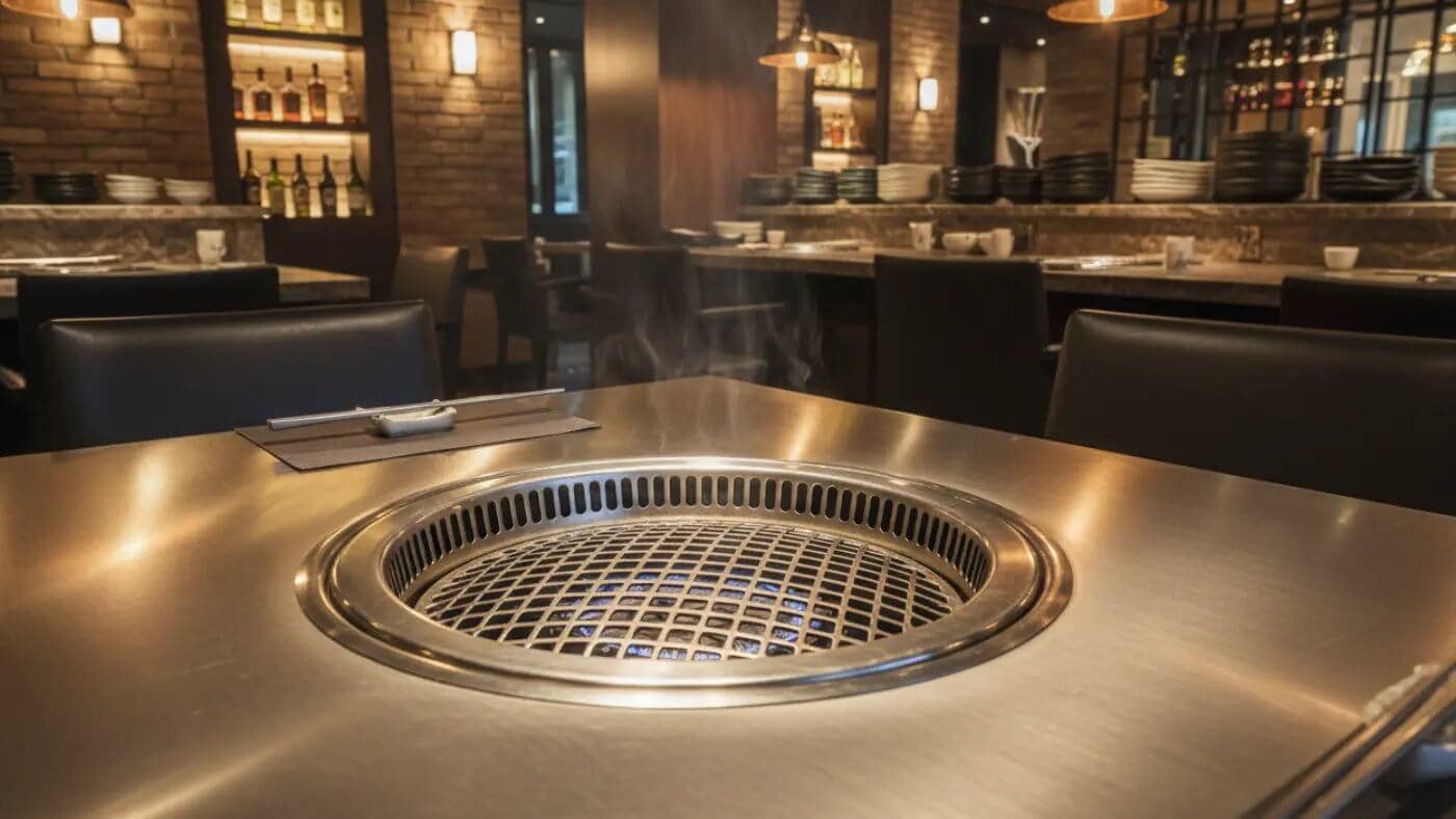 Premium stainless steel natural gas Korean BBQ table with recessed burner in upscale restaurant dining room