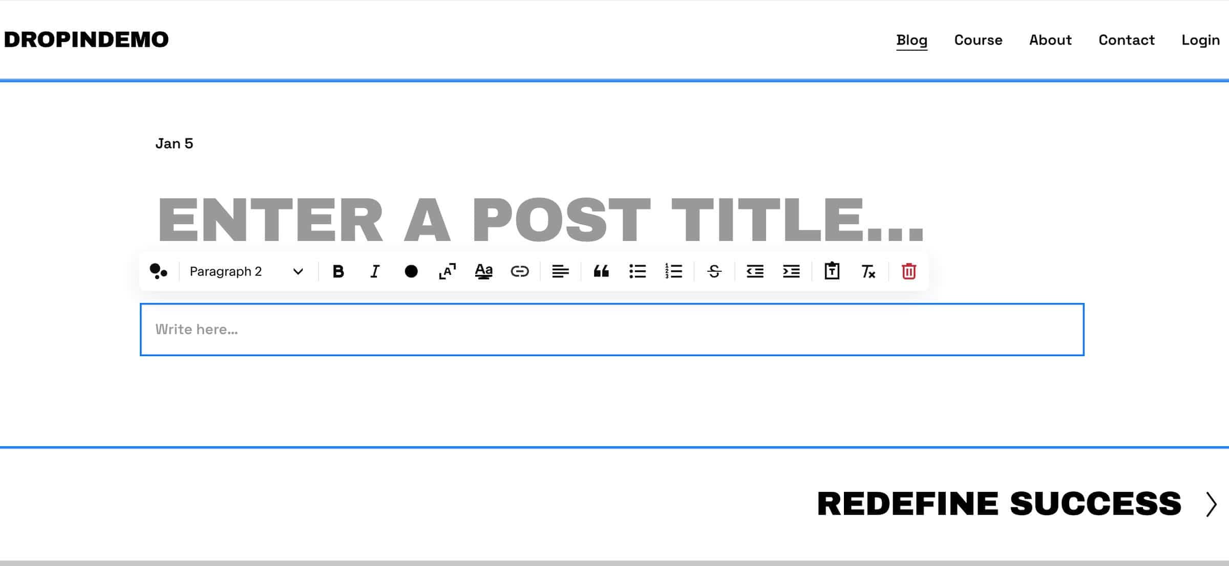 Native Squarespace blog: Content editing area
