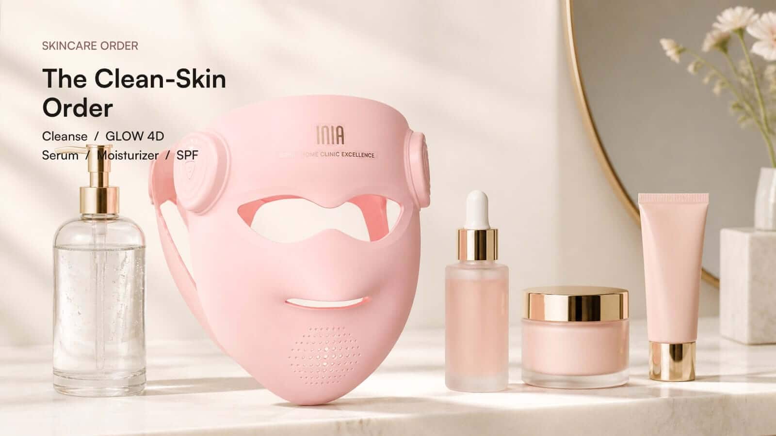 Clean-skin routine showing cleanser, INIA GLOW 4D, serum, moisturizer, and SPF in order
