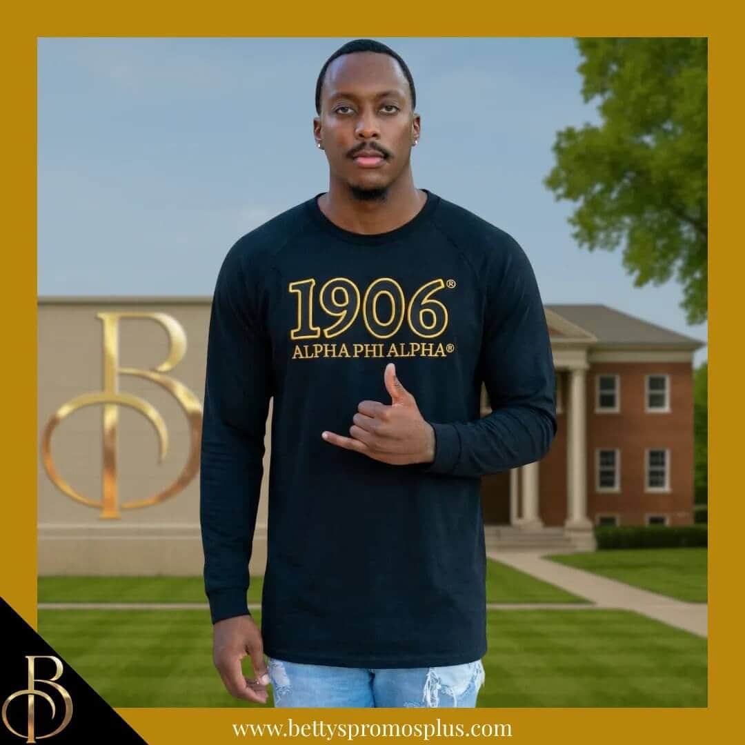 Collection of Alpha Phi Alpha 1906 founding date t-shirts including screen printed and embroidered styles in black featuring ΑΦΑ Greek letters