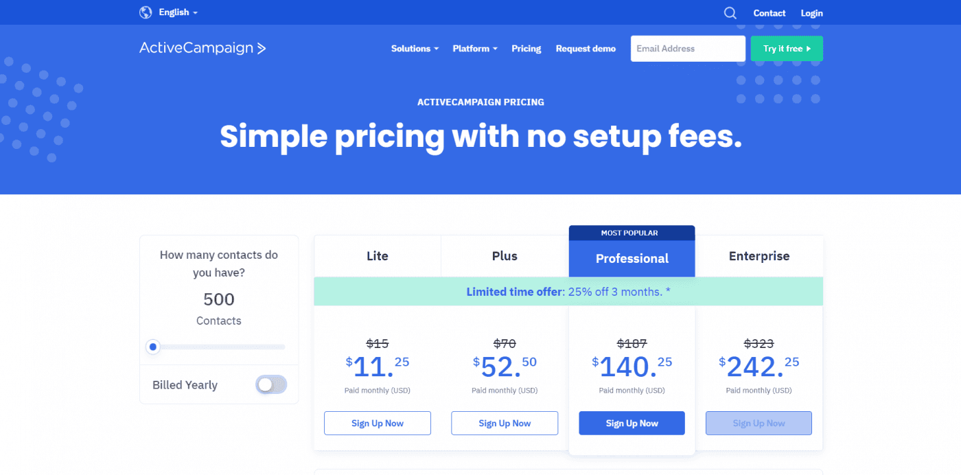 ActiveCampaign pricing plans monthly fees