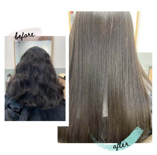 A client from overseas showing off her smooth hair after a Japanese soft rebonding treatment service.