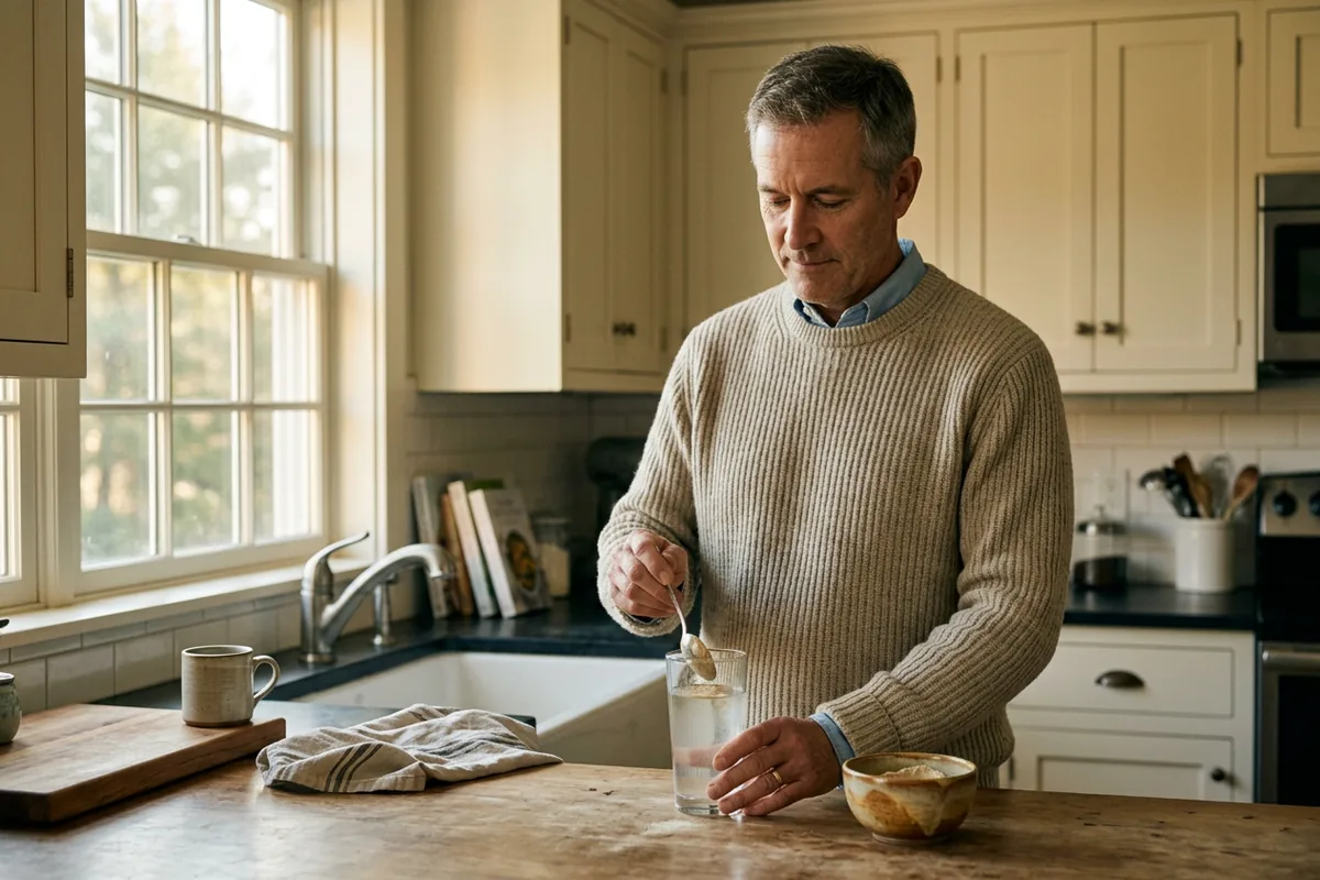 Man in his late fifties stirring psyllium powder into a tall glass of water at his kitchen counter