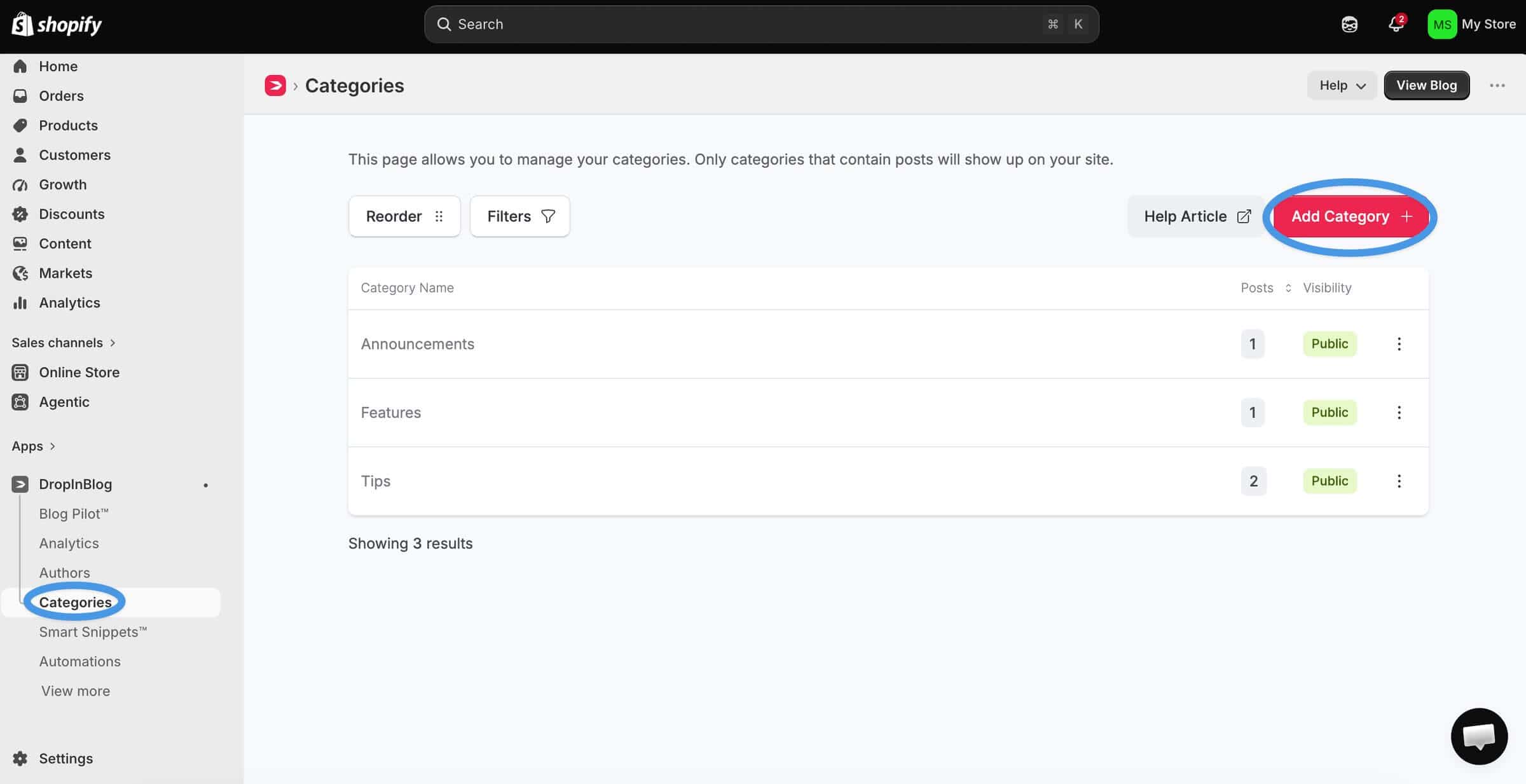 Add Categories to Shopify Store using Dropinblog
